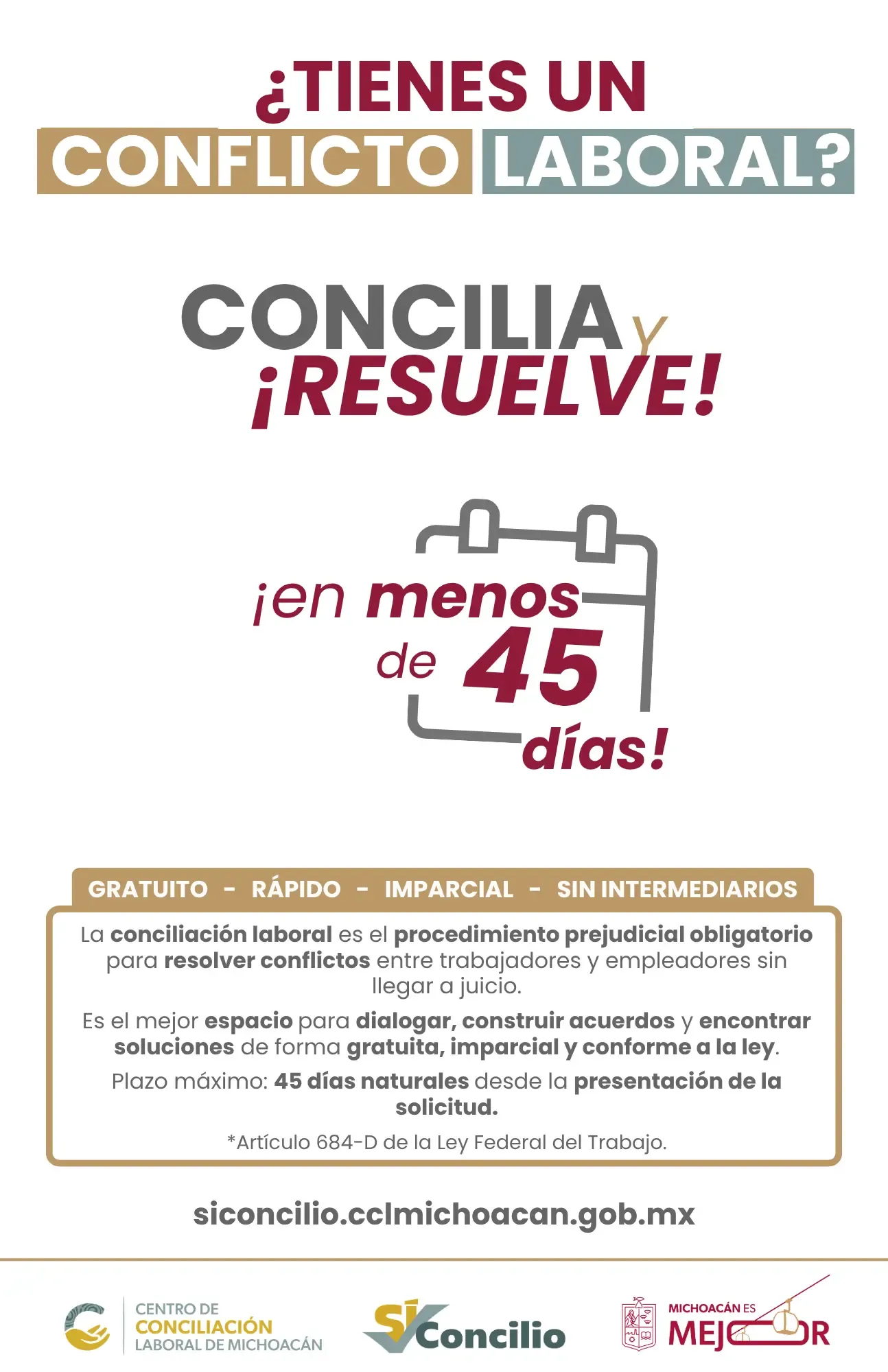 ¿Tienes un conflicto laboral? Concilia y resuelve en menos de 45 días. La conciliación laboral es el procedimiento prejudicial obligatorio para resolver conflictos entre trabajadores y empleadores antes de llegar a juicio: gratuito, rápido, imparcial y sin intermediarios.