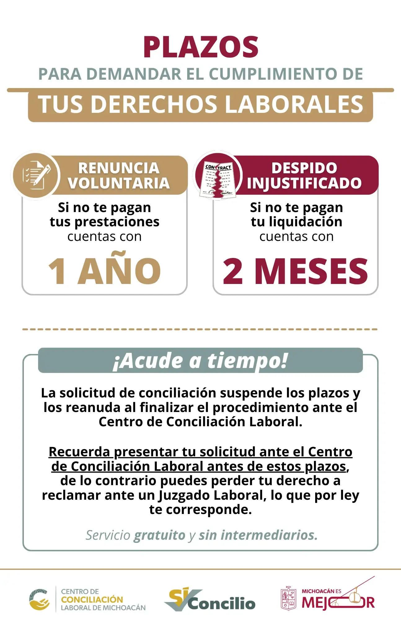 Plazos para demandar: por renuncia voluntaria, si no te pagan tus prestaciones tienes 1 año; por despido injustificado, si no te pagan tu liquidación tienes 2 meses. La solicitud de conciliación suspende los plazos. Servicio gratuito y sin intermediarios.