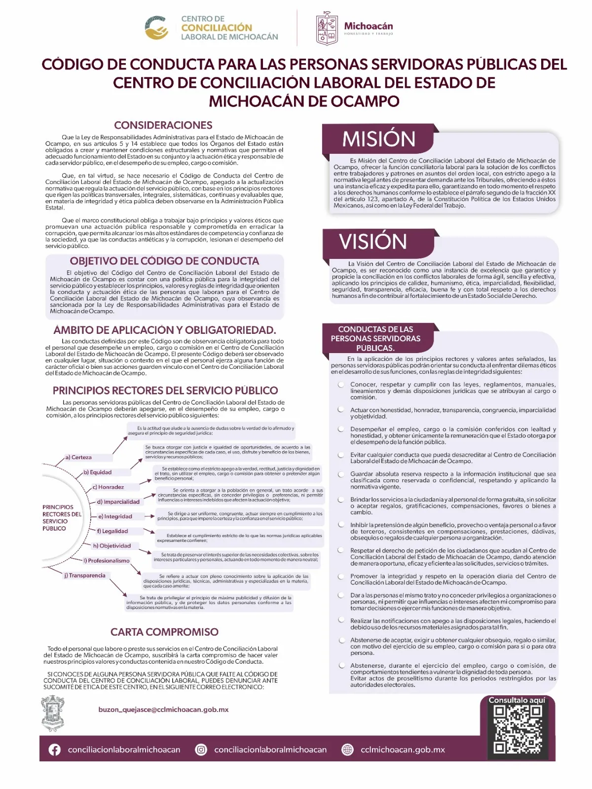 Infografía del Código de Conducta del Centro de Conciliación Laboral. Su contenido completo está en texto en esta misma página.